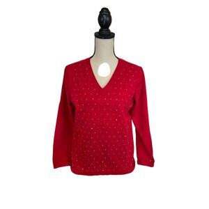 Tommy Hilfiger Sweater Womens XL Red VNeck Silver Stud Cotton Long Sleeve Preppy